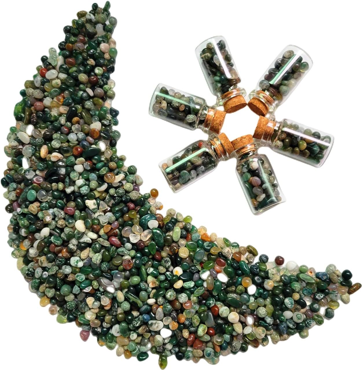Indoor Fountains & Accessories - Rocktone 13 Once Tumble Chip Crystals Crushed Mini Gemstones with 6 Pcs Empty Wishing Bottles for Reiki Wicca Healing Crystal Jewelry Making DIY Crafts (0.1''-0.3'', Moss Agate)