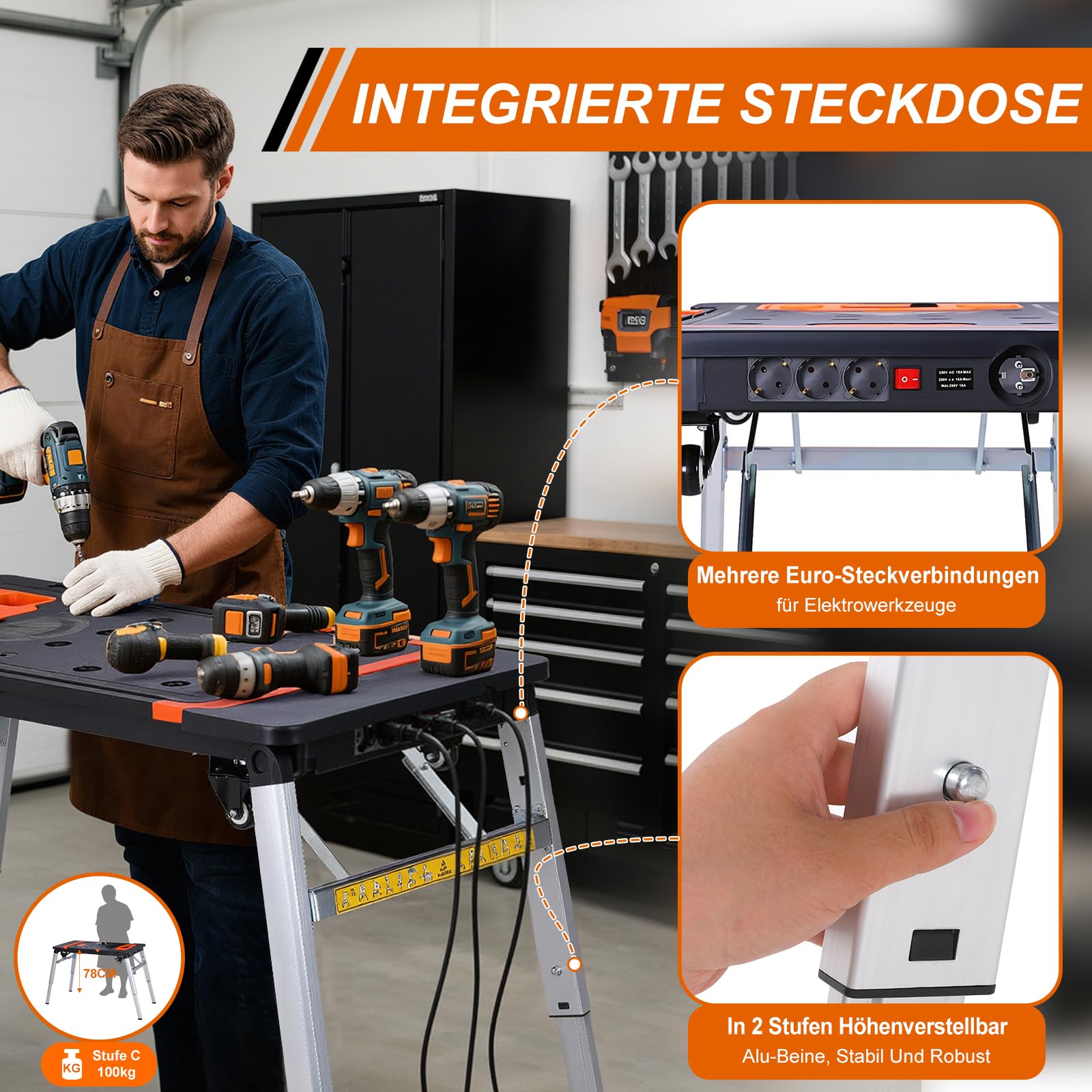 TLGREEN 7 in1 Klappbare Werkbank höhenverstellbar,Tragbare Werkbank Mobil,Arbeitstisch Klappbar,100-200kg Tragkraft,Multifunktionstisch mit 4 pcs Rollen,Werktisch Spanntisch für Werkstatt,Haus,Büro 6