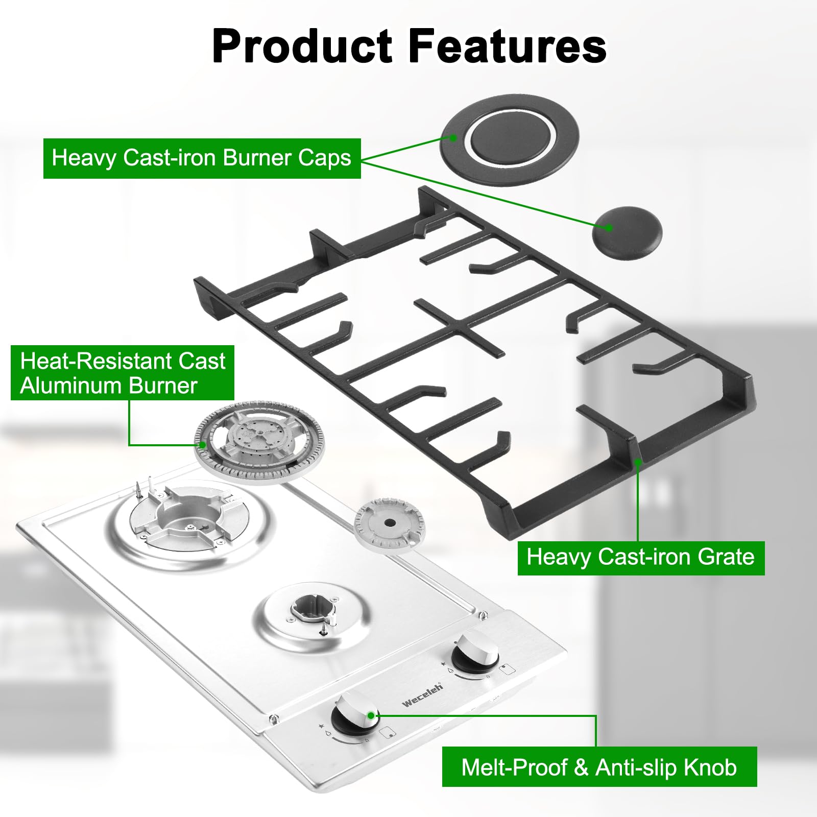 Gas Cooktop 2 Burners Built-in Gas Stove Top,LPG/NG Dual Fuel Continuous Grates,Auto Ignition,Thermocouple Protection,Stainless Steel,Heavy Duty Cast Iron 120V (12 inch)