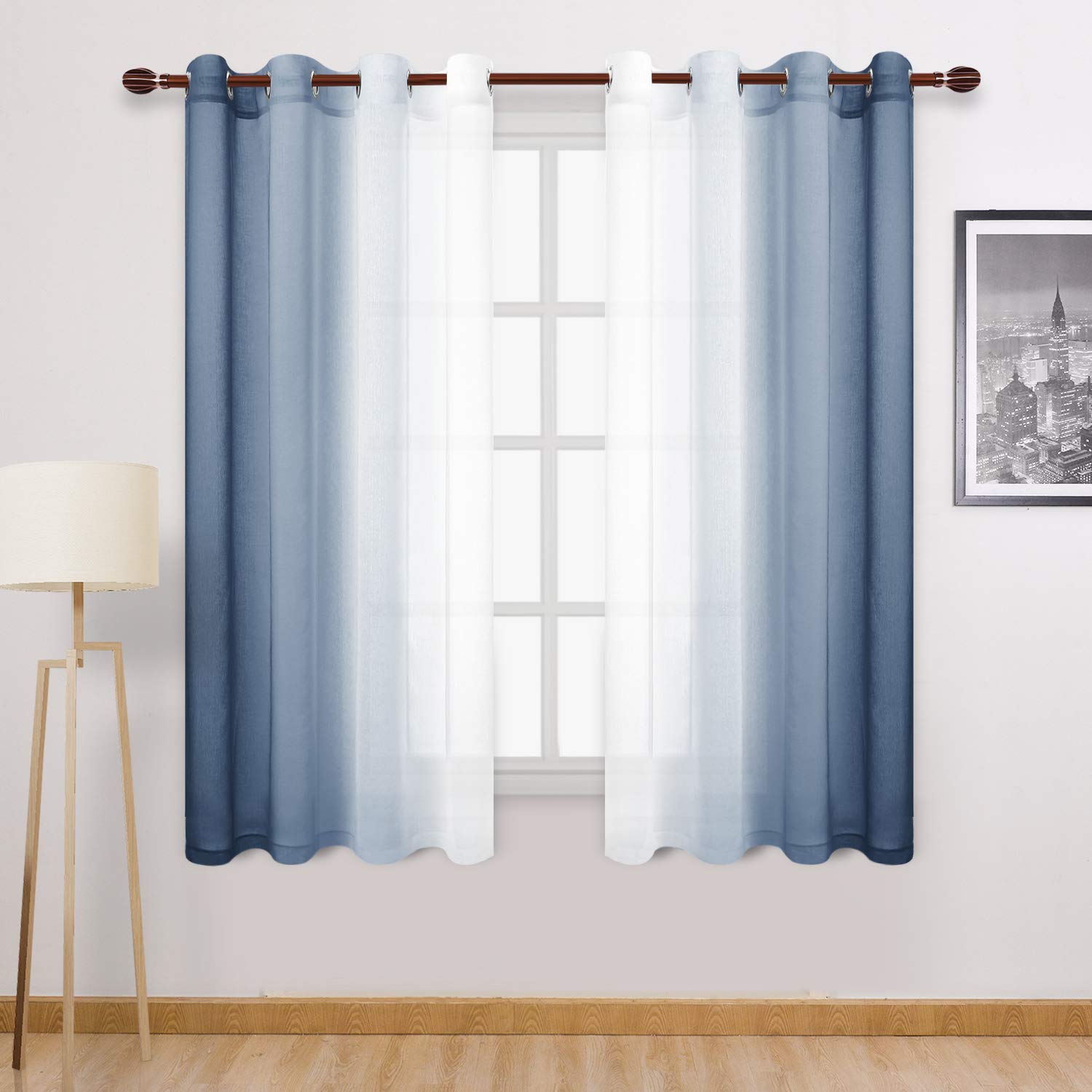 DWCN Ombre Sheer Curtains - Faux Linen Semi Voile Gradient Bedroom and Living Room Curtains, Set of 2 Grommet Top Window Drape Panels, 52 x 63 Inch Length, Denim Blue