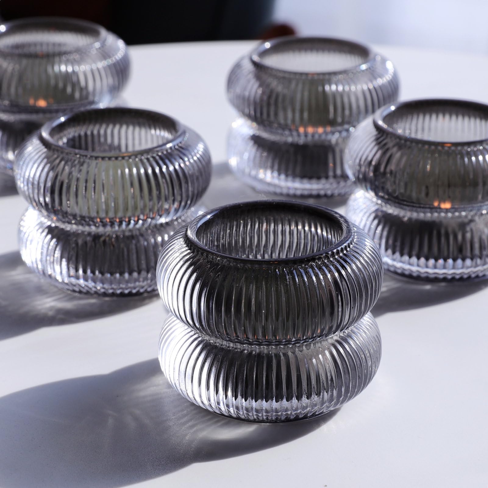 Photo 1 of Woho  Grey Votive Candle Holders Set of 6, Vintage Ribbed Tealight Candle Holder for Daily Home Decor, Classy Tea Light Candle Holder Glass for Living Room Table Decor(Grey, 2.1" H X 2.75" D)