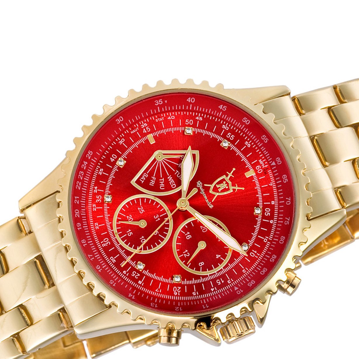 Konigswerk Men's Watch Gold Bracelet Red Dial Multifunction Day Date