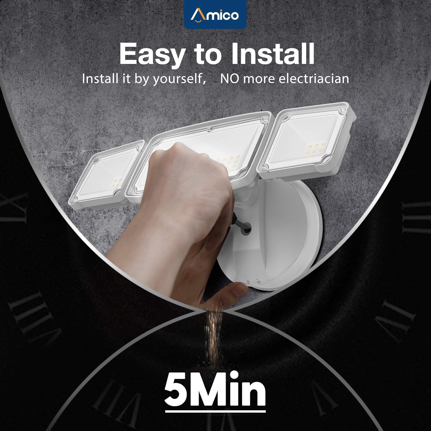 Amico 3500LM LED Security Light, 30W Super Bright Outdoor Flood Light, ETL- Certified, 5000K, IP65 Waterproof, 3 Adjustable Heads for Garage, Patio, Garden, Porch&Stair(White Light): Home Improvement
