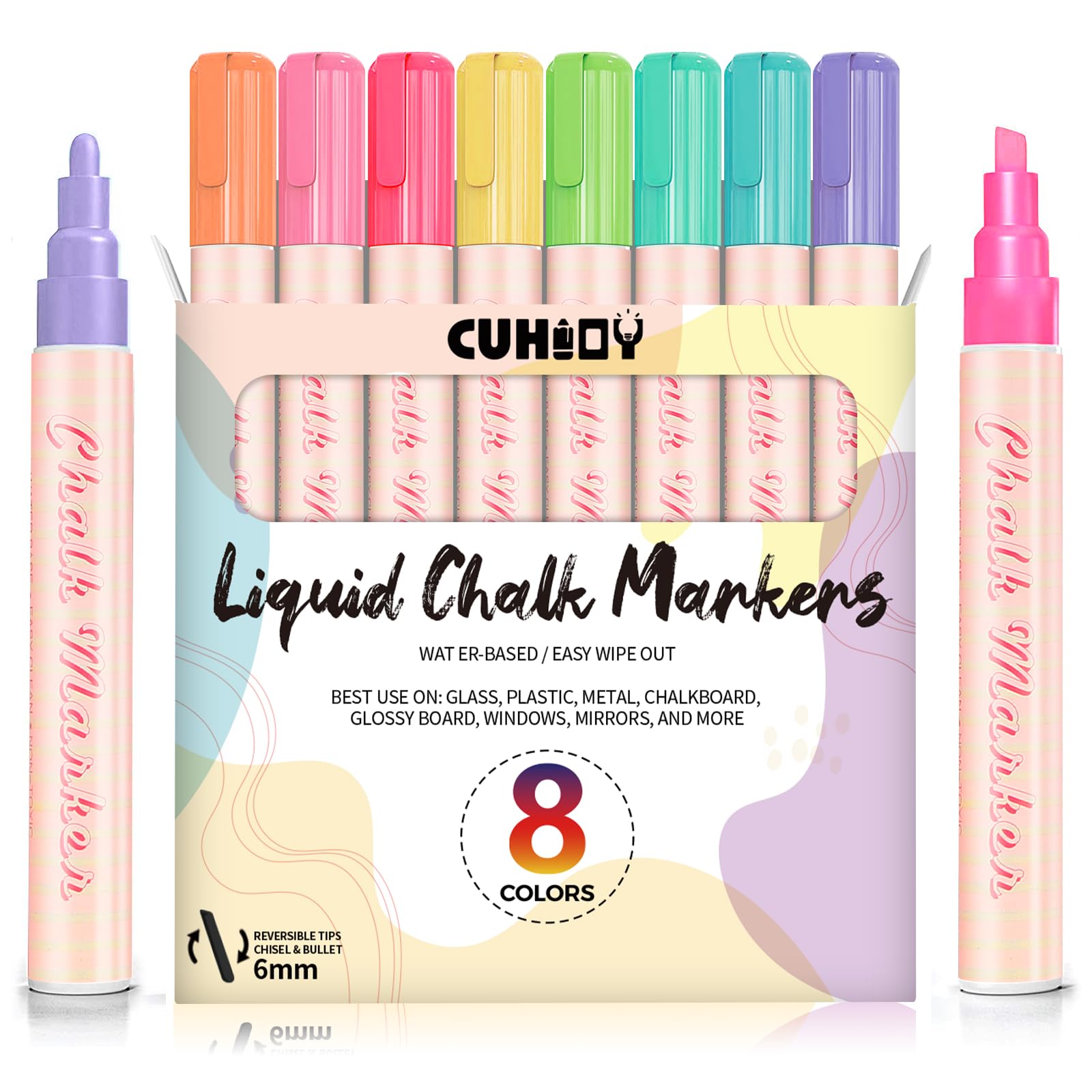 CUHIOY Chalk Pens for Glass Washable, 8 Pack Chalkboard Markers Colour, Wipeable Pastel Chalk Markers Fine Tip for Blackboards, Mirror, Window, and Bistro - 6mm Reversible Bullet & Chisel Tip
