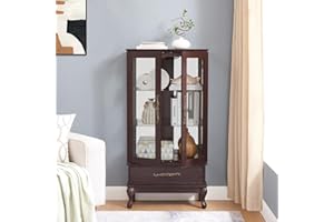 Firscook Curio Cabinet with Lighted,Tall Leg Glass Door Antique Cabinet with 1 Drawer, Curio Display Cabinet with Adjustable Glass Shelves,Corner China Cabinet for Living Room (Dark Cherry)