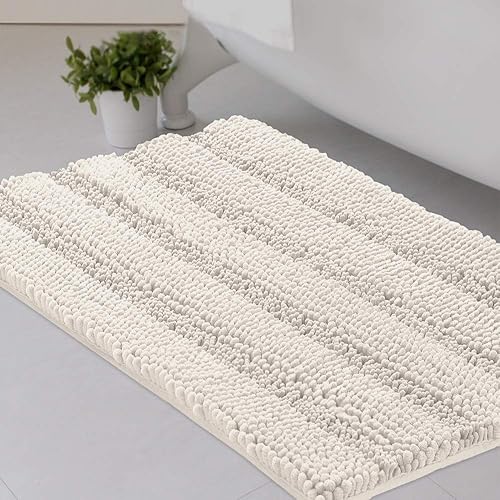 Bath Mats for Bathroom Non Slip Extra Thick Chenille Striped Bath Rug 20" x 32" Absorbent Non Skid Fluffy Soft Shaggy Rugs Washable Dry Fast Plush Mats for Indoor, Bath Room, Tub - Ivory