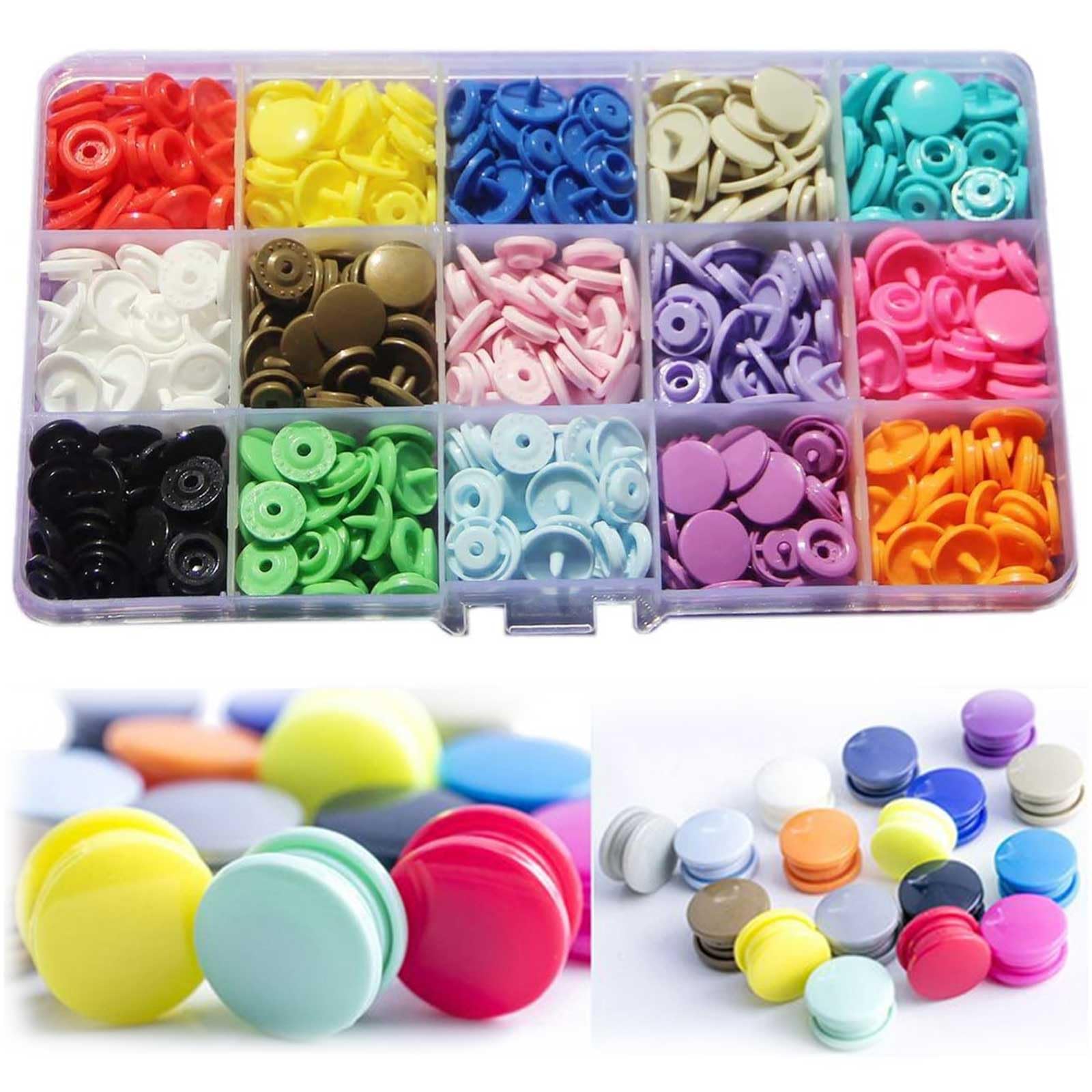 150 Sets KAM Snaps with Storage Box, BetterJonny Size 20 Plastic Resin Snaps Round Buttons for Baby Bib Cloth Diaper (15 Colors)