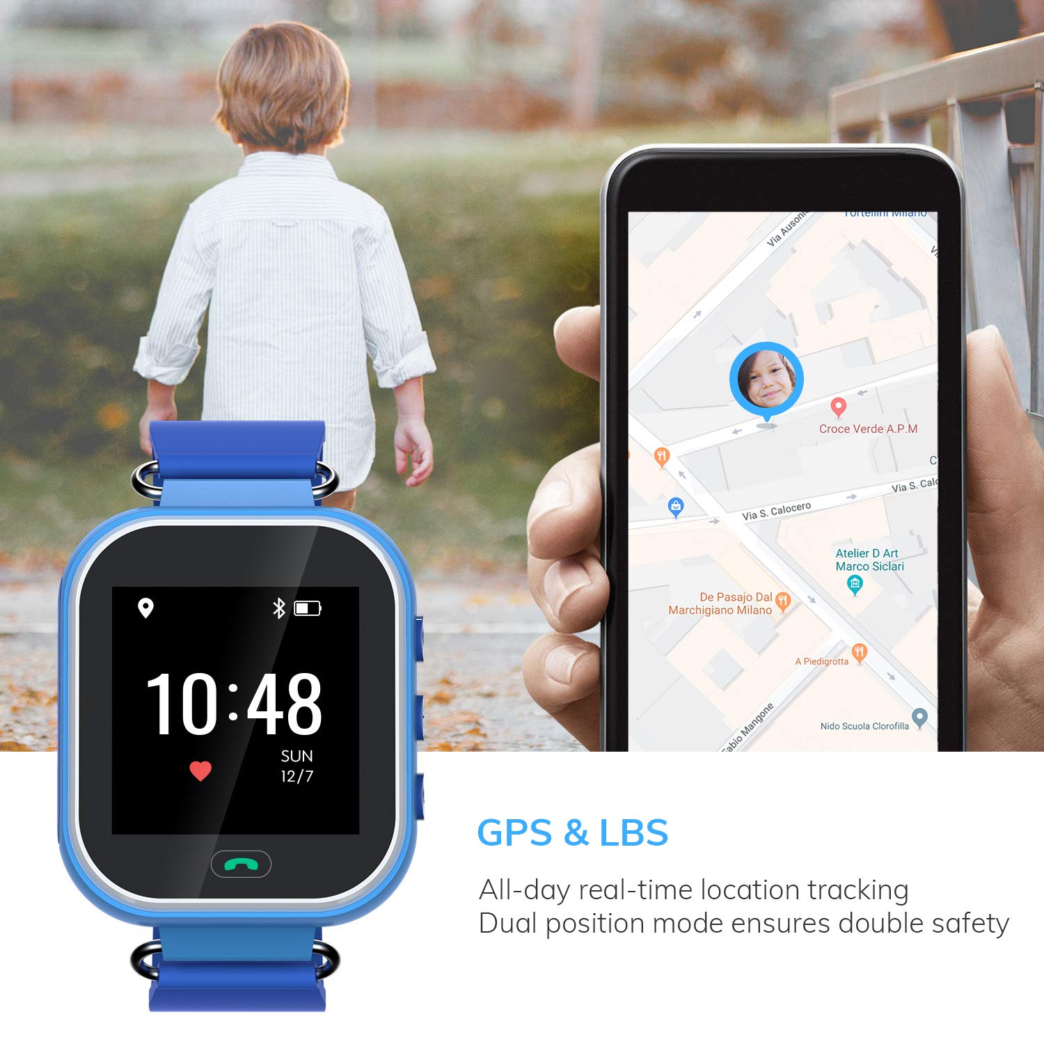Wonbo Kids Smart Watch, GPS Phone Watch with SIM Slot SOS Call, Real-time Location Finder,Remote Monitor,Watch Remove Alert, Supports Android & iOS (Blue)