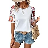 SHEWIN Womens Crochet Floral Print Tops Casual Short Sleeve T Shirts Crewneck Boho Beach Vacation Clothes