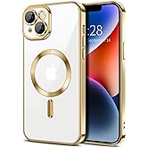 Hython Magnetic Clear for iPhone 14 Plus Case with Camera Lens Protector [Compatible with MagSafe] Luxury Plating Edge Slim Soft TPU Cover Protective Phone Case for iPhone 14 Plus 6.7", Gold