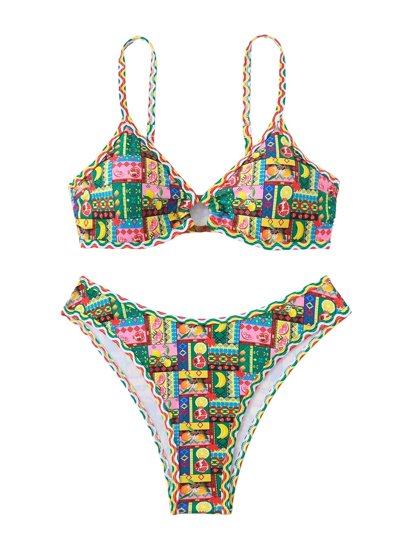 Photo 1 of MakeMeChic Women's Bikini Sets Printed Ring Linked Contrast Binding Cheeky Summer Bathing Suit Multicolor Small