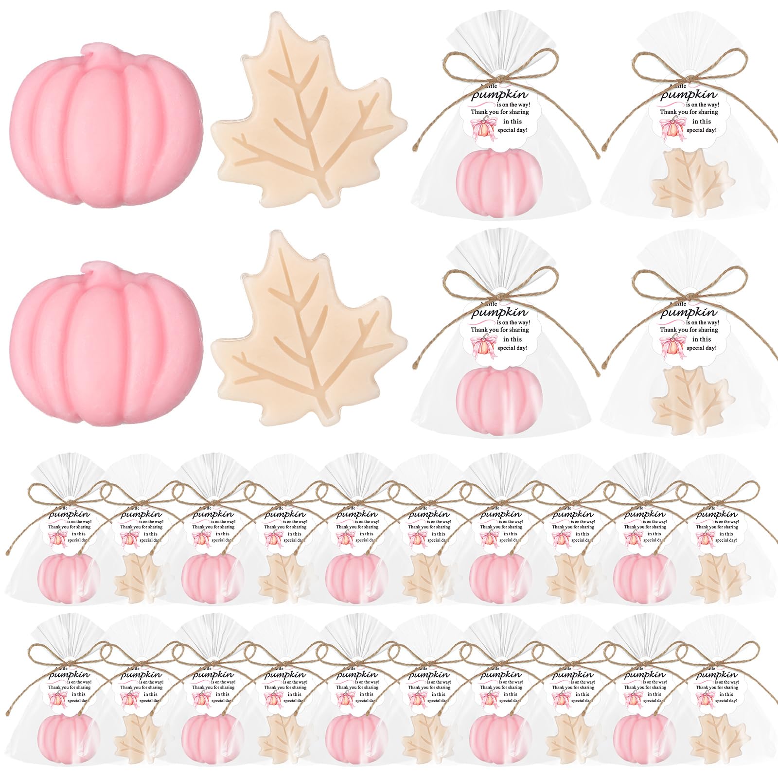 Photo 1 of Leelosp 20 Sets Pumpkin Baby Shower Favors 10 Pumpkin and 10 Maple Leaf Soap 20 Thanks Cards 20 Gift Bags with String for Fall Thanksgiving Bridal Shower Wedding Autumn Party Guest Gifts