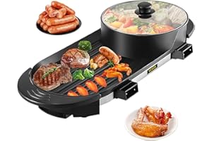 VEVOR Electric Grill Hot Pot 2 in 1, Multifunctional Grill Pan Indoor, Separate Dual Temperature Control, Large Capacity Non-Stick Pan Portable Korean BBQ, Electric Shabu Hot Pot 110V Smoke Free Stove