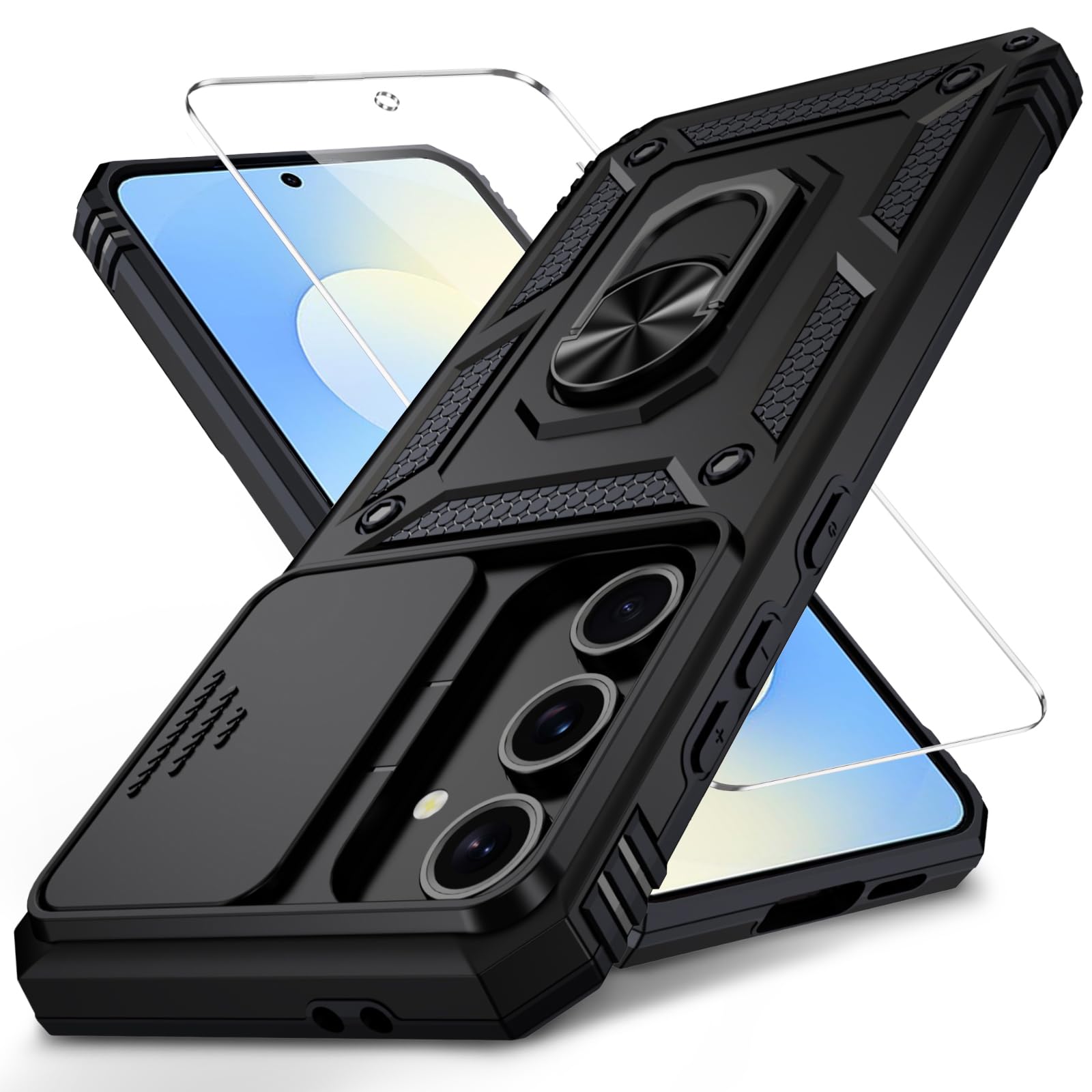 Weycolor for Samsung Galaxy S25 FE Case with Camera Lens Cover, HD Screen Protector, 10 FT Military Grade Drop Protection, Magnetic Ring Holder Kickstand, Black