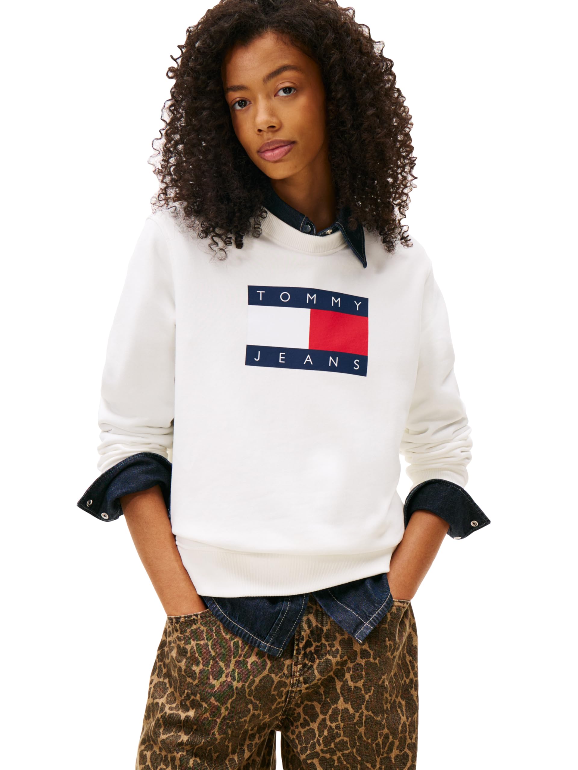 Tommy Jeans Womens Regular Flag Crewneck Sweatshirt, ECRU X-Large