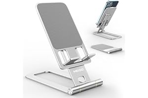 MEISO Foldable Aluminum Desktop Phone Stand, Portable Phone Stand, Adjustable Height Phone Holder, Cellphone Cradle Compatible with iPhone Pro/Max/Mini, Samsung Galaxy, Pixel Smartphone (Silver)