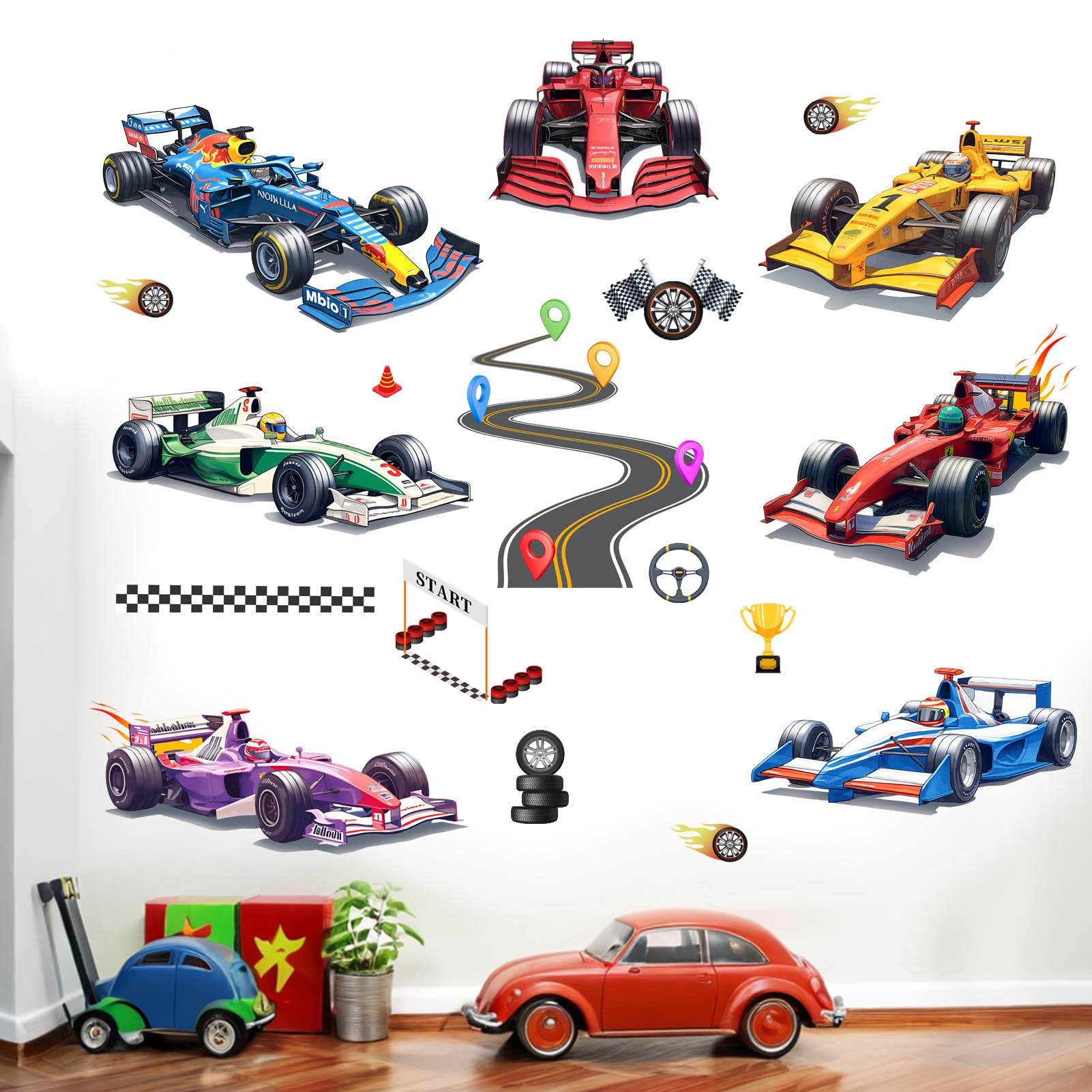 Racing Car Wall Stickers for Boys: Peel and Stick Truck Construction Tractor Vehicle Wall Decals - Wall Art Decor Kids Supplies Ages 1-12 Year