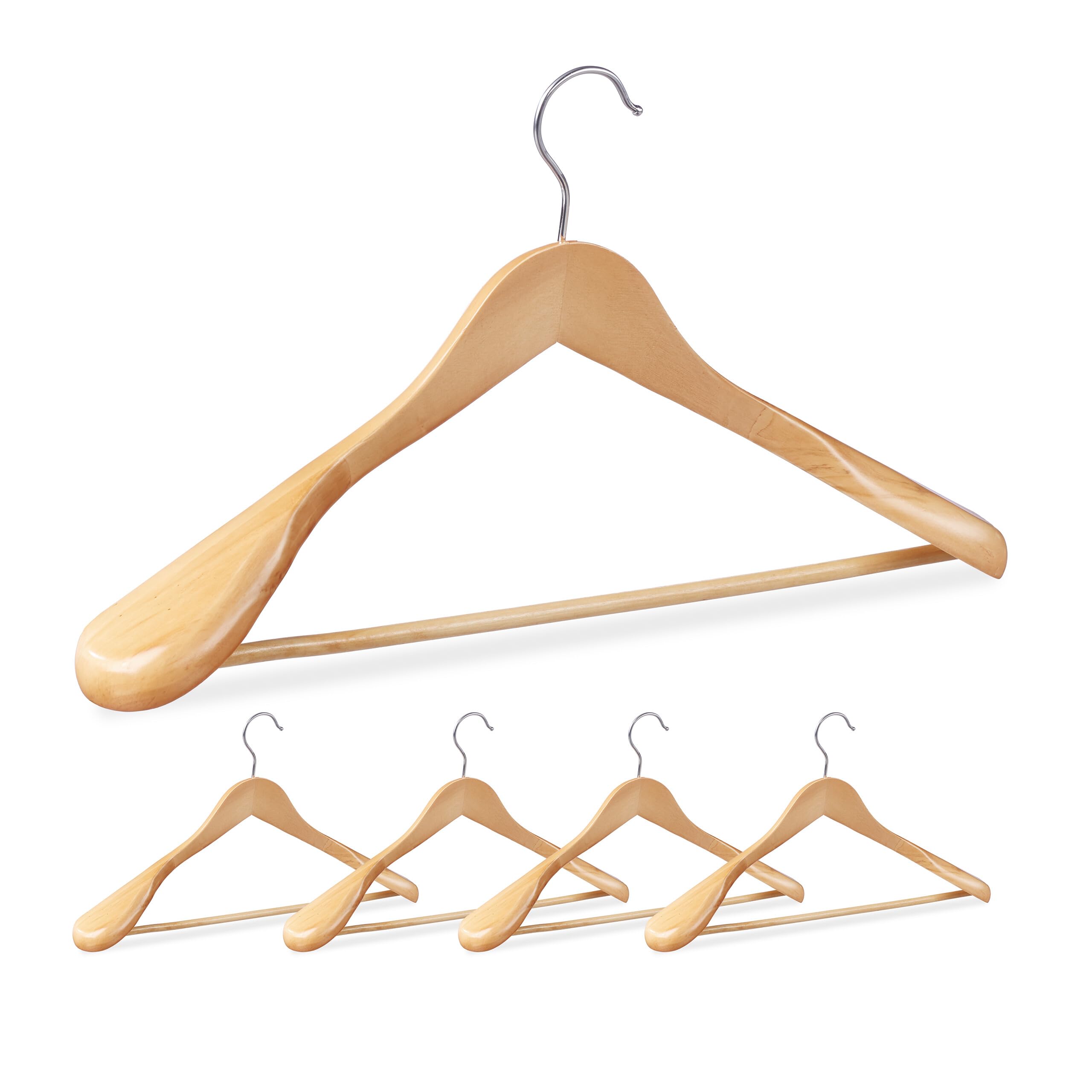 Relaxdays Suit Hangers Set of 5, Wide Shoulders, 360° Swivel Hooks, Pants Rail, Wooden Coat Hangers, Natural