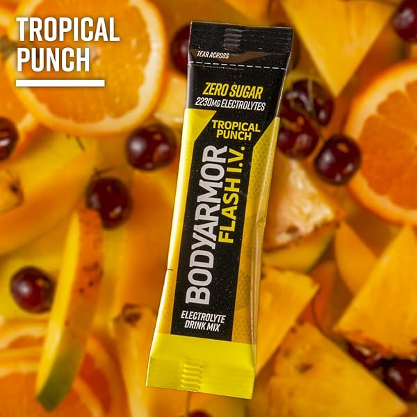 BODYARMOR FLASH IV ELECTROLYTE PACKETS, TROPICAL PUNCH – ZERO SUGAR DRINK MIX, SINGLE SERVE PACKS, COCONUT WATER POWDER, HYDRATION FOR WORKOUT, TRAVEL ESSENTIALS, JUST ADD STICKS TO LIQUID (15 COUNT)
