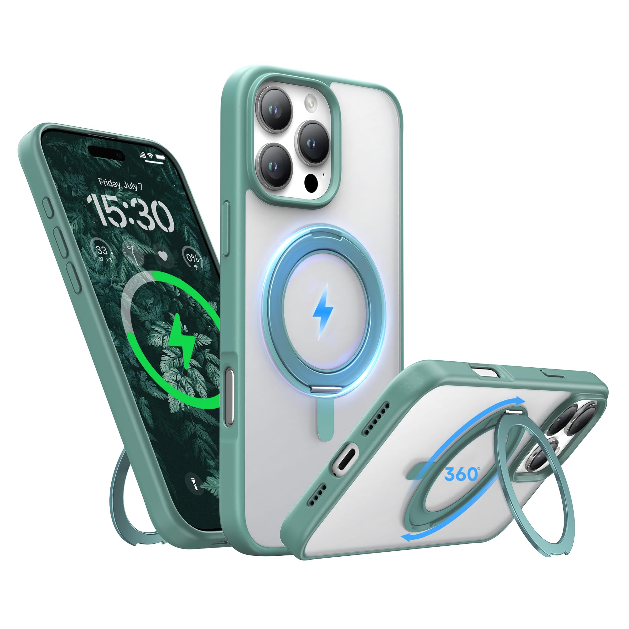 Niunisi Stand for iPhone 16 Pro Max Case, [Compatible with Mag Safe] 360° Rotatable Ring Holder Kickstand Military Shockproof Protective Case for iPhone 16 Pro Max 6.9 Inch, Green
