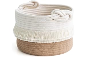 CherryNow Small Woven Storage Baskets Cotton and Jute Rope Decorative Hamper for Diaper, Blankets, Magazine and Keys, Cute Tassel Nursery Decor - Home Storage Container – 9.5'' x 7''