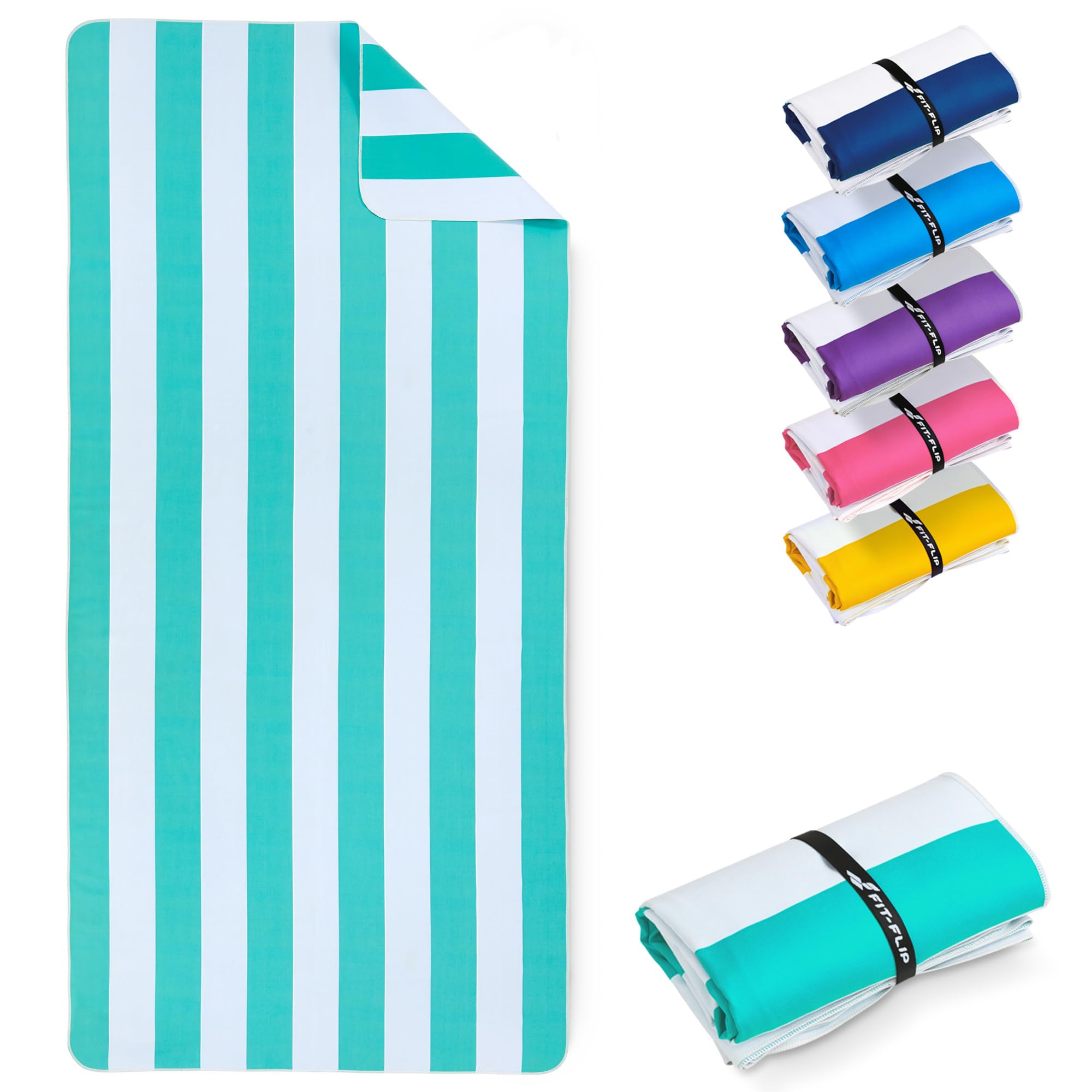 Fit-Flip Beach towel microfibre - large quick dry towels - for travel and swimming - lightweight, compact and super absorbent - sand free, 100% recycled - White-Turquoise stripes 200x90cm