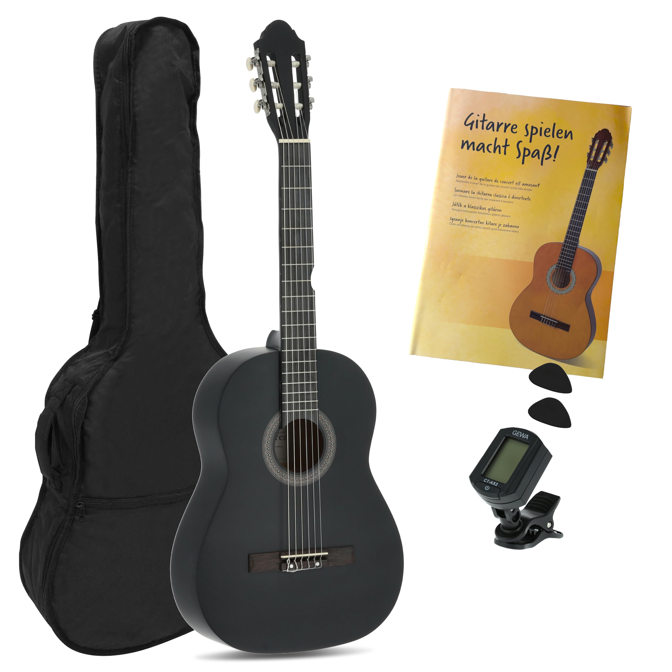 Juan Miguel Navarrez concert guitar - classical guitar - 4/4 black - starter set - incl. bag, plectrums, book, tuner