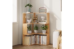 Casvik 3-Tier Corner Bookshelf, L-Shaped Solid Wood Shelf, Wooden Etagere Bookcase with Open Shelves, Freestanding Display Sh