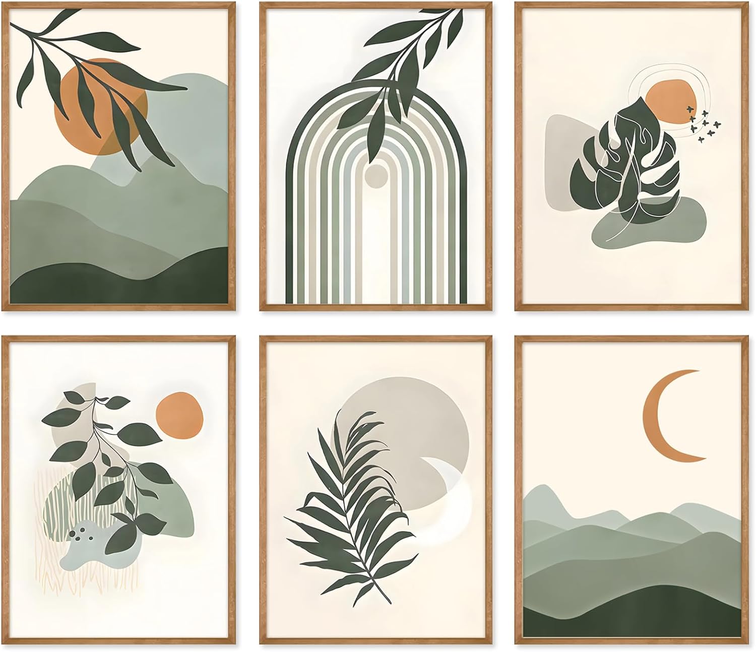 Wall Décor - Sage Green Boho Wall Art Prints, 6 Pieces Green Mountain Sun Palm Leaf Line Boho Prints Canvas Wall Art, Abstract Geometric Boho Wall Decor Minimalist Boho Posters, Beige Green Wall Decor for Bedroom Living Room Bathroom Home Office | Unframed 8