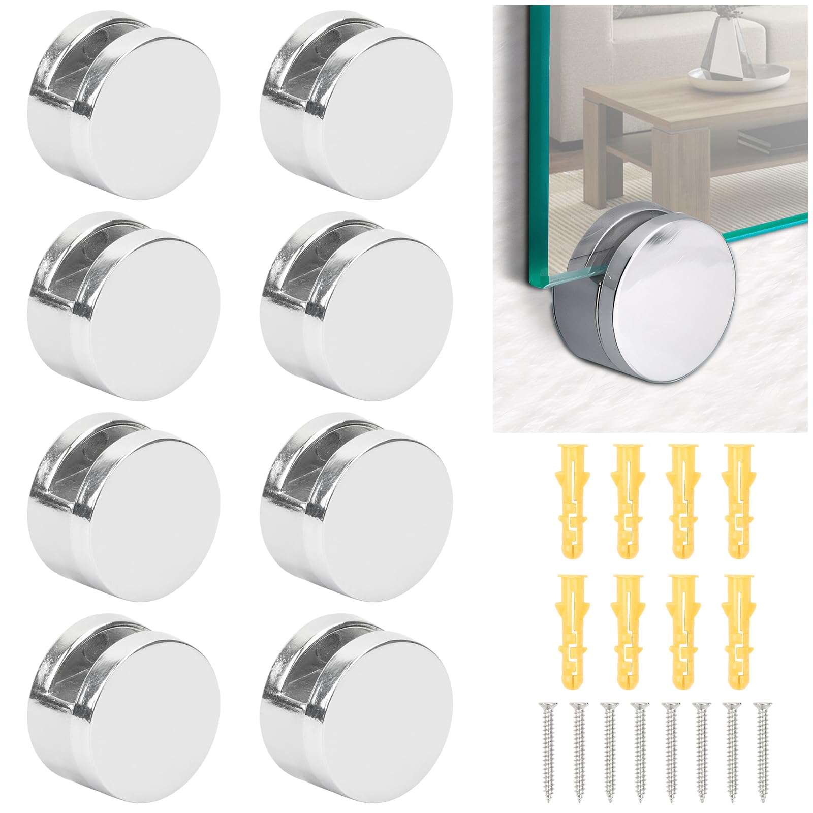 8Pcs Wall Hanging Zinc Alloy Round Glass Clip Bracket, Mirror Fixings, Mirror Clips for Frameless Mirror, for Fixing Bathroom Glass Mirror, Including 8 Stainless Steel Screws and 8 Dowels