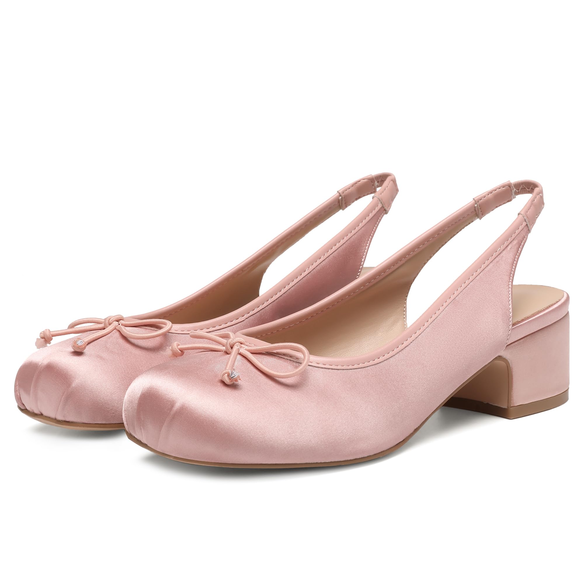 Photo 1 of *** DAMAGE TO THE BOX *** Riekhany Slingback Ballet Heels for Women Cute Bow Square Toe Low Chunky Heel Ballerina Pumps Comfort Satin Mary Jane Heels Shoes with Elastic Rear Strap Pink us SIZE 8