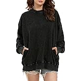 Wyeysyt Oversized Sweatshirt for Women Crewneck Cotton Sweatshirts Vintage Acid Wash Baggy Pullover with Pocket Y2k