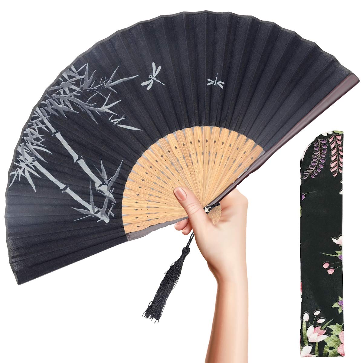 OMyTea "Landscape Folding Hand Held Fan for Women - Chinese/Japanese Vintage Retro Style for Wedding, Dancing, Church, Party, Gifts - With a Fabric Sleeve for Protection (Bamboo Forest - Black)