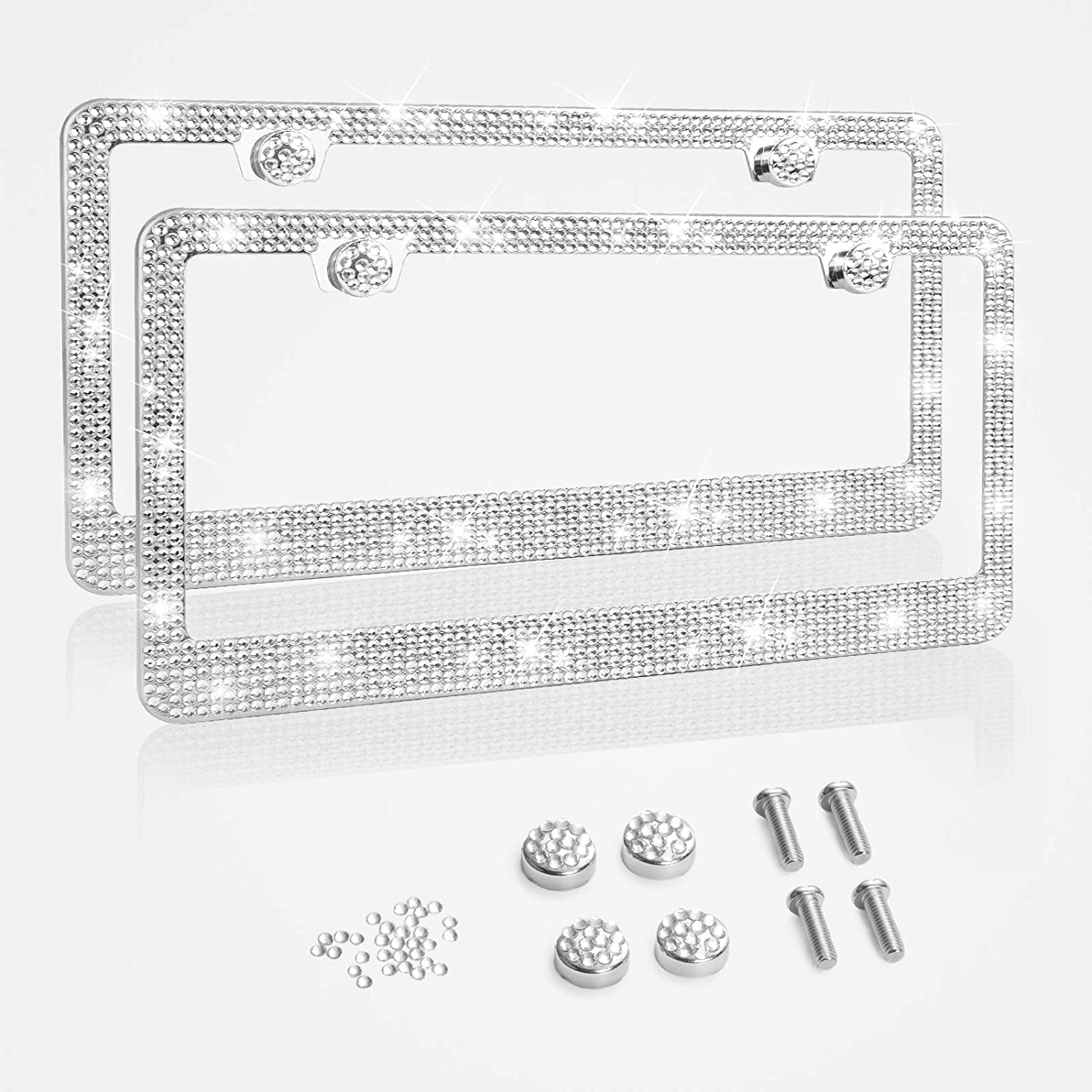 Photo 1 of Tchipie 2 Pack Bling Rhinestone License Plate Frames for Women Girl, Bedazzled Sparkly Cute Diamond Car License Plate Frame, Glitter Crystal Tag Caps, Stainless Steel Holder(White)