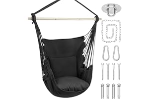 Athena Collection Hammock Chair Hanging Rope Swing Chair with 2 Cushions, Max 350 Lbs, Hanging Macrame Chair with Anti-Slip Grooves Spreader Bar and Pocket for Outdoor Indoor Patio Yard, Black