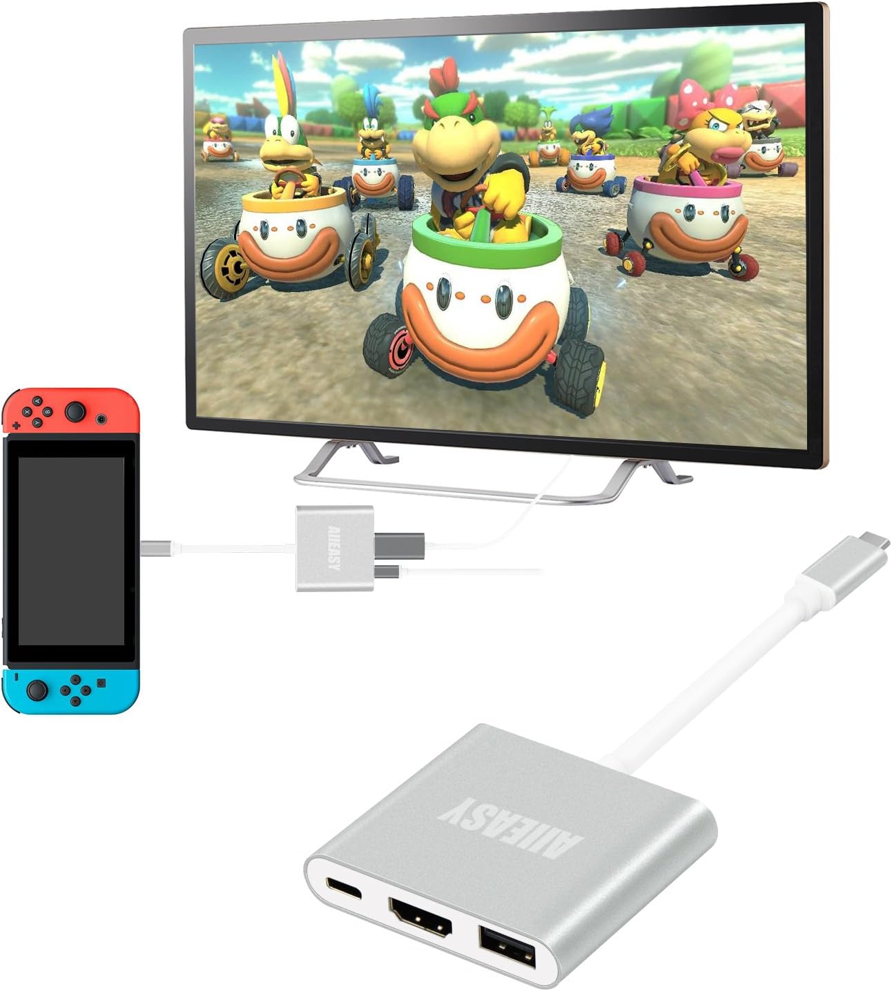 AllEASY HDMI Type C Hub Adapter for Nintendo Switch HDMI Dock for Nintendo Switch 6.1.0, MacBook Pro, iPad Pro, Samsung S9/S8 (Aluminum Case, Silver)