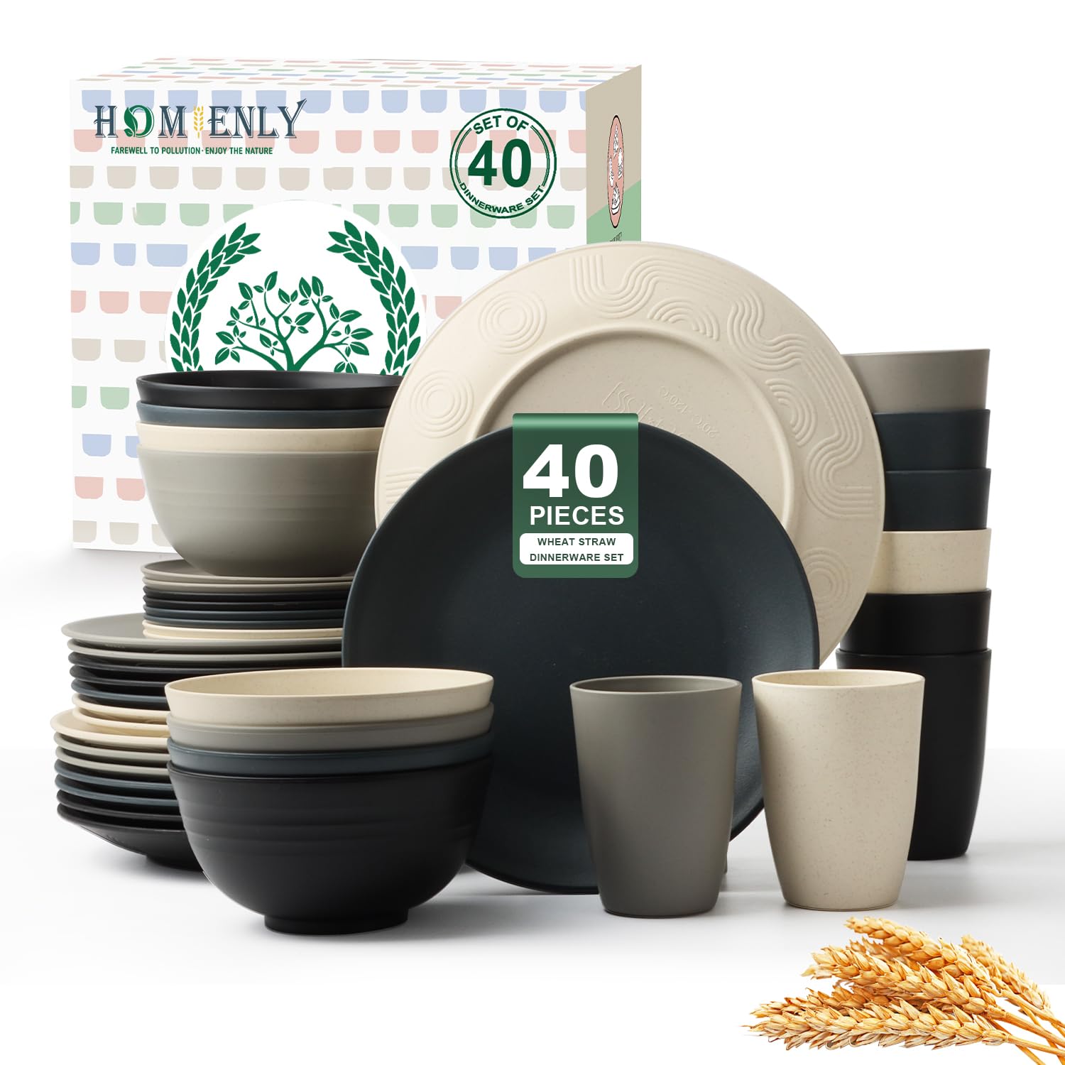 Photo 1 of Homienly Kitchen Wheat Straw Dinnerware Set 40 PCS - Dinner Plates, Cereal Bowls, Wheat Straw Cups Set, Microwave and Dishwasher Safe Dishes Set, Unbreakable Dish Set for Party, Outdoor(Grey Stone)