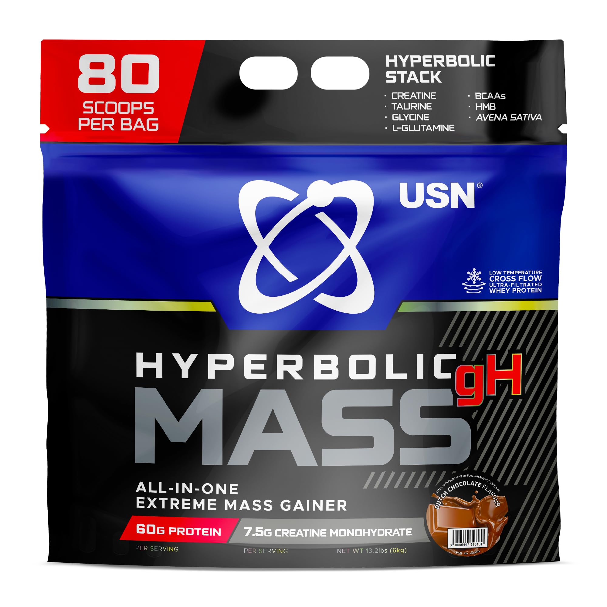 USN Hyperbolic Mass Dutch Chocolate 6kg: High Calorie Mass Gainer Protein Powder for Muscle Building and Weight Gain - Improved Formula & Flavour with 7.5g Creatine Monohydrate and Less Sugar