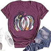 Woffccrd Womens Funny Leopard Pumpkin Printed Shirts Halloween Short Sleeve Graphic Tees Fall T-Shirts Tops