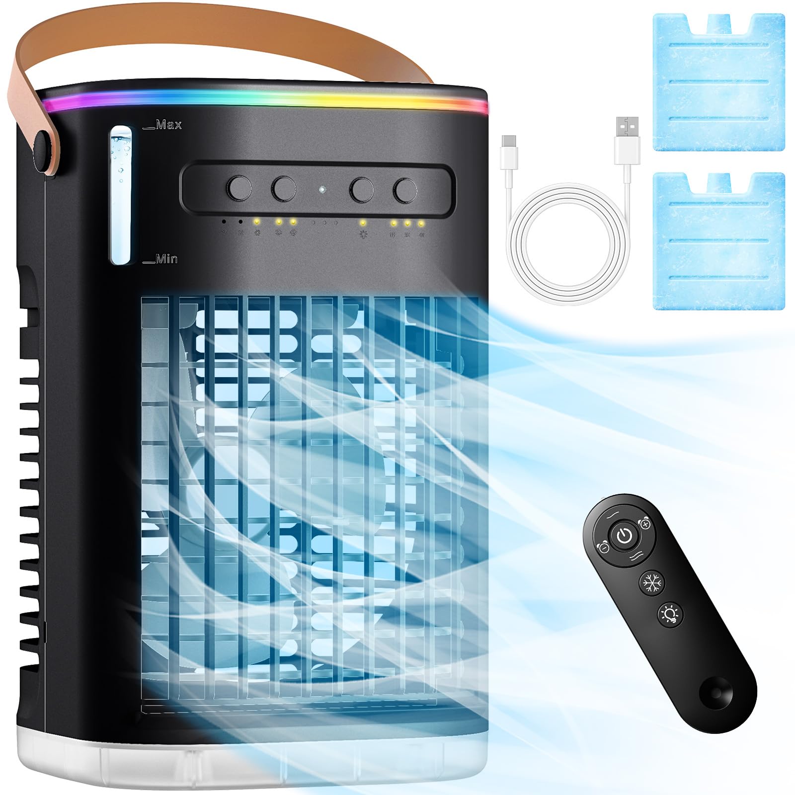 CENSTECH Mini Air Conditioner, 3 IN 1 Portable Desk Fan w/5400mAh Battery, 3 Speeds, Remote Control, Night Light, USB Powered Evaporative Air Cooler, Personal Air Conditioner for Room Bedroom Black