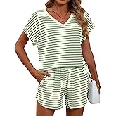 Huukeay Women's 2 Piece Lounge Set Striped Summer Casual Short Sets Outfits V Neck Cap Sleeve T-Shirts Comfy Shorts Fashion