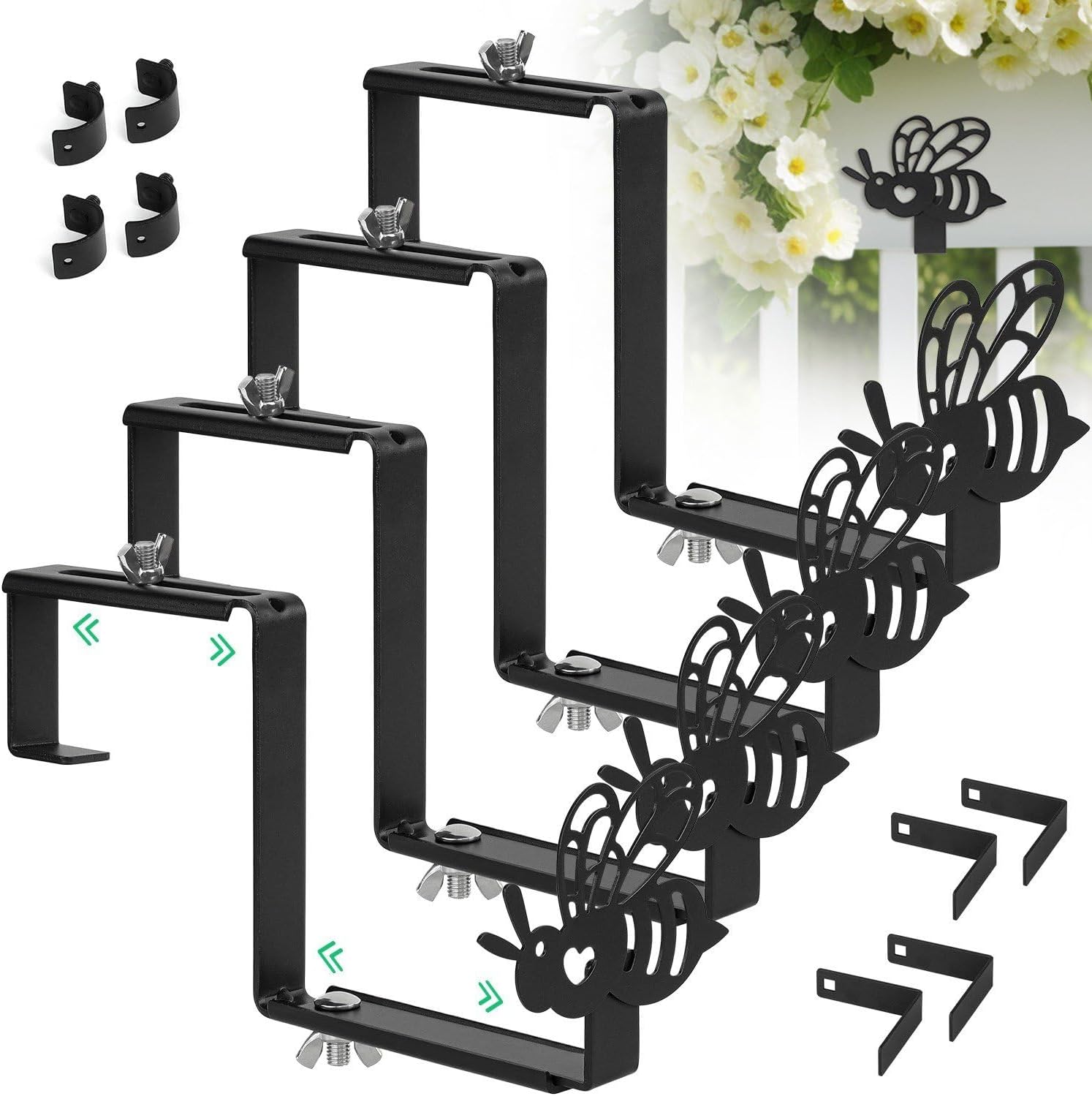Outdoor Hanging Brackets - Planter Box Bracket, Flexible Adjusted Size Flower Container Bracket with Bee Shape, Hanging Heavy Duty Bracket, Flower Box Stand Bracket for Porch Railing, Balcony, Garden Fence (4Pack - Matte Black)