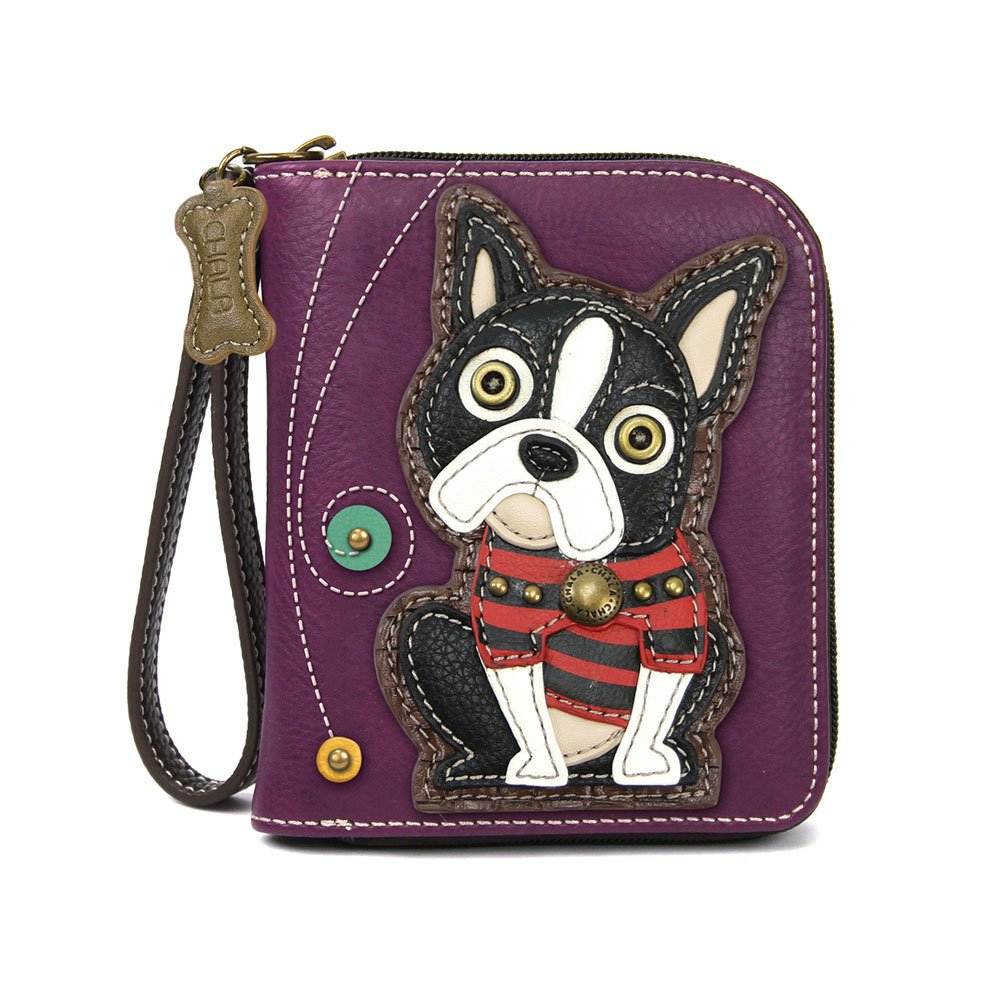 CHALA Zip Around Wallet, Wristlet, 8 Credit Card Slots, Sturdy Pu Leather, Boston Terrier- Purple