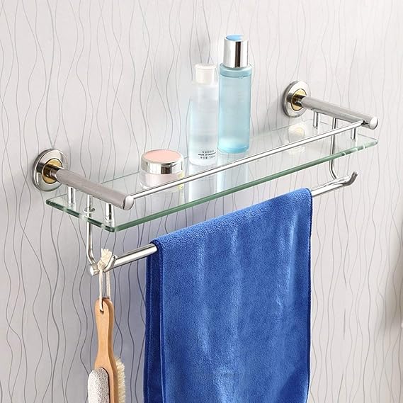 Wall Shelf Bathroom Chrome Glass Shelf with Single Towel Bar and Rail