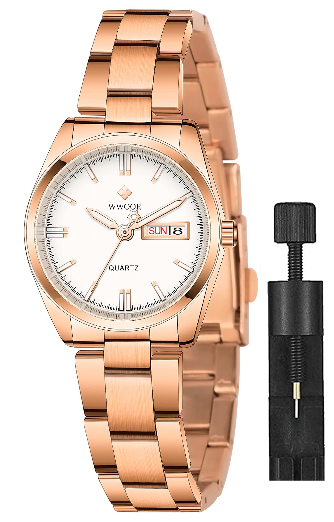 Women's Silver Stainless Steel Band Wrist Watches Fashion Quartz Analog Watch Ladies Dress Watch, Rose White,