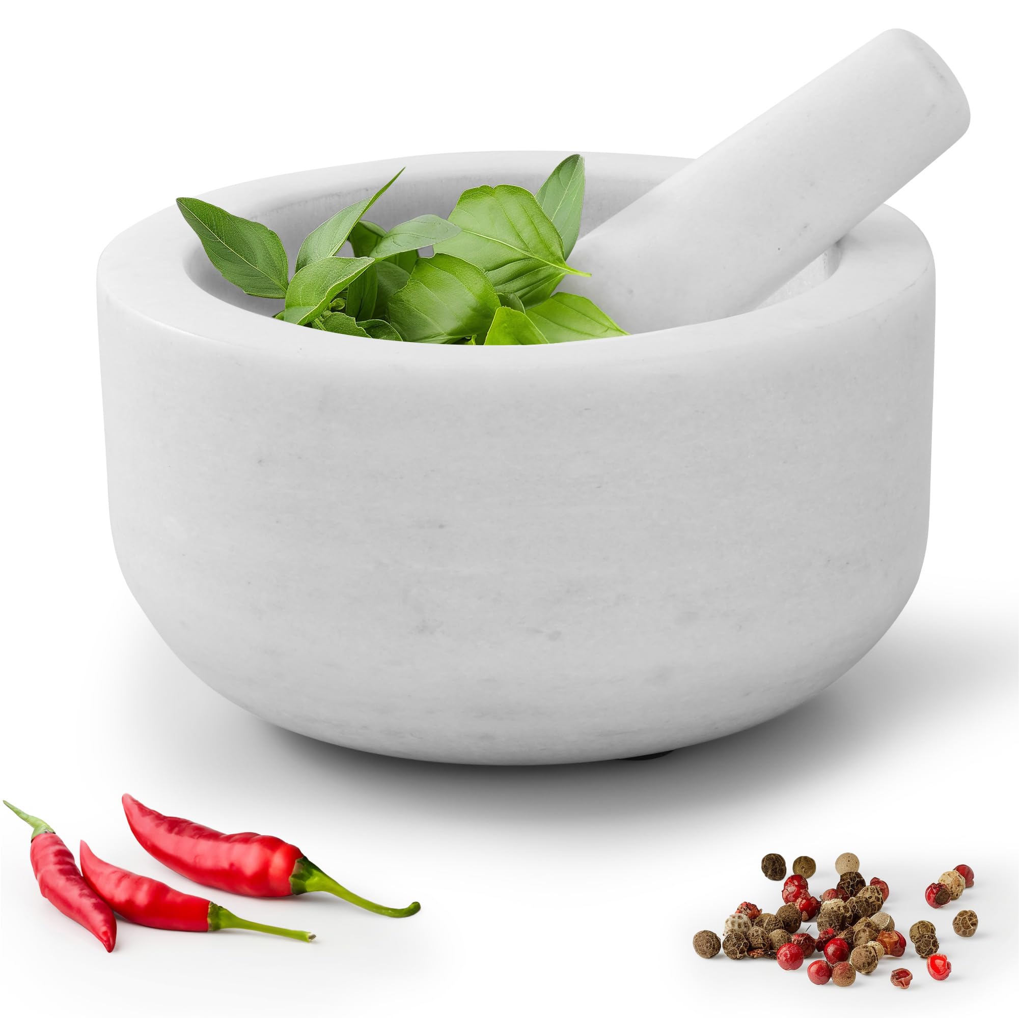 Navaris Mortar and Pestle Set - White Marble Pestle and Mortar Bowl - Stone Grinder for Spices Garlic Nuts Herb Pesto - Large 18cm (7.1") Diameter - Hand Grinding for Kitchen