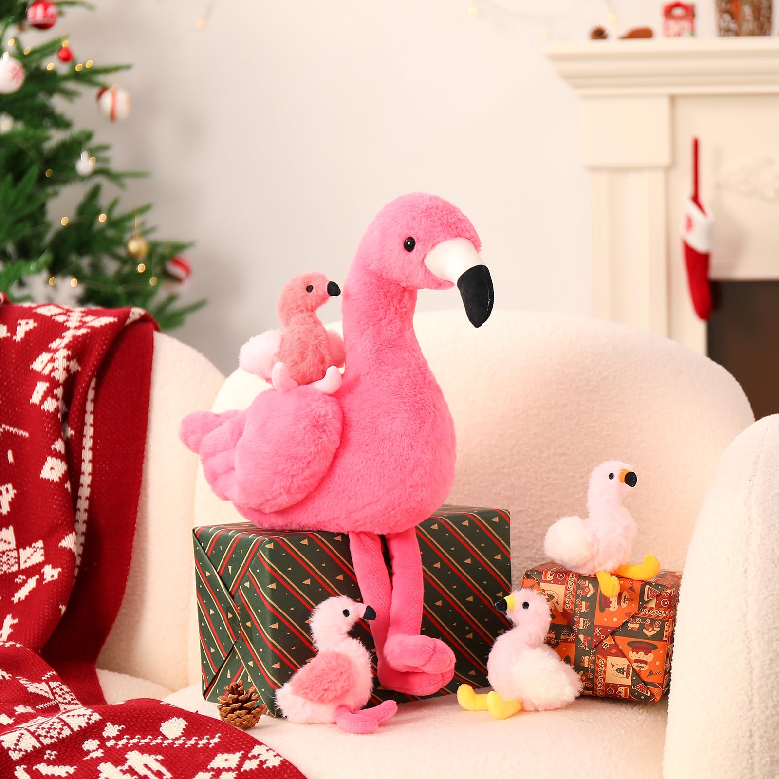 MorisMos 45cm sitzend Plüsch Flamingo mit 4 Baby im Bauch, Rosa Süß Kuschelig Flamingon Plüschtier Stofftier, Weich Spielzeug Dekokissen Geburtstag Themeparty Weihnachten Geschenk 8