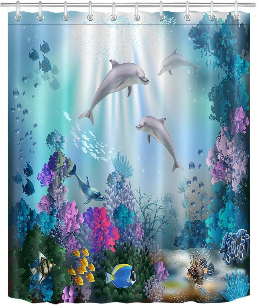 LB Blue Shower Curtain- Mould proof Resistant Waterproof Shower Curtains for Bathroom- 59x71 inches Short Bath Curtain with Hooks for Wet Room Decor Cute Dolphin - Image 3