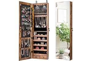 NAFORT 2 LEDs Full Length Mirror with Jewelry Armoire, Jewelry Organizers and Storage with 2 Mounting Options, 47.5”H Jewelry Cabinet with 2 Drawers, Make up & Lockable Jewelry Box, Rustic Brown