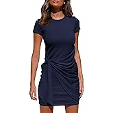BTFBM Women 2026 Spring Casual Short Sleeve Ruched Bodycon Tank T Shirt Dress Tie Waist Sun Beach Summer Mini Dresses